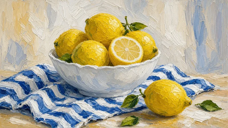 Lemons on Blue Linen — acrylic on canvas, 16 × 9 in, by Jeanette Ernst