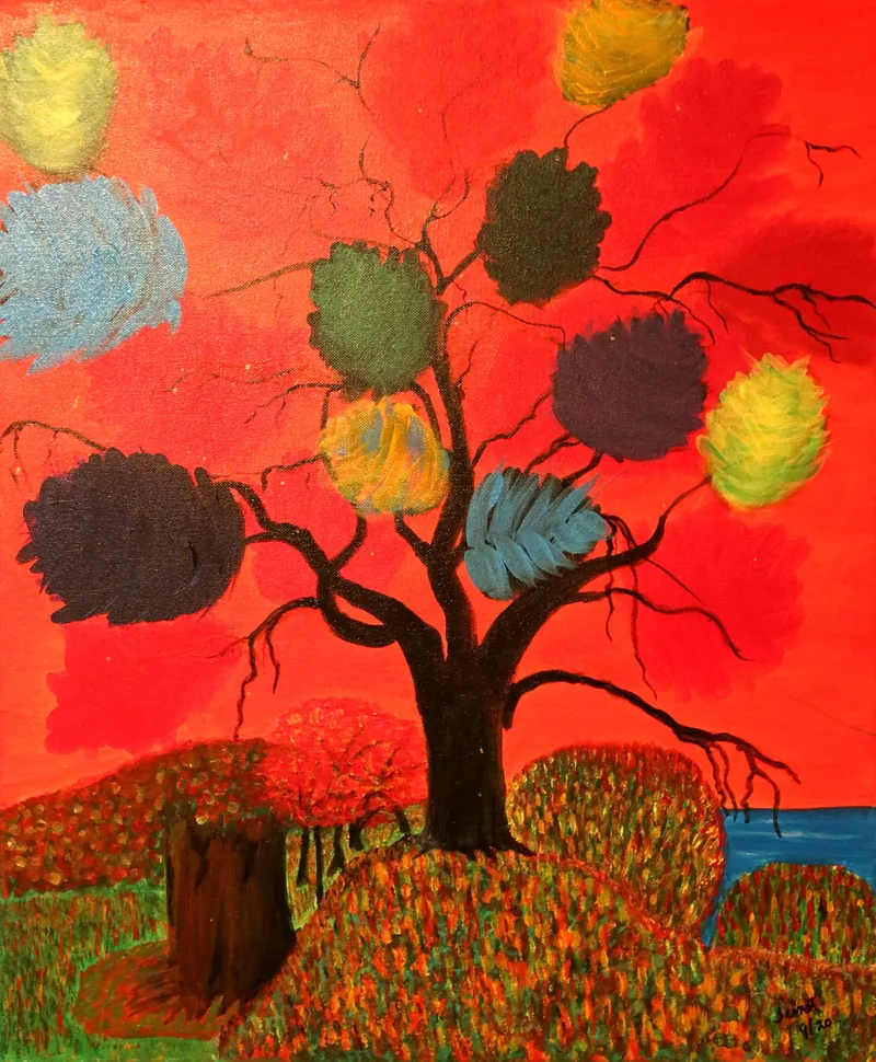 Red Sky Tree — painting on canvas, by Jeanette Ernst